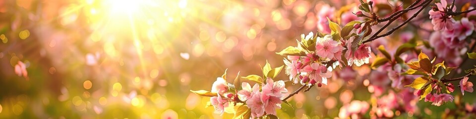 Obraz na płótnie Canvas Beautiful pink sakura flowers blooming in spring, panoramic banner. Blossoming branch of Japanese cherry on a background of sunset.