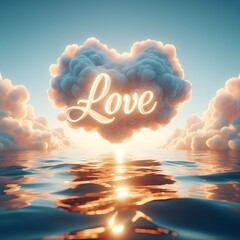 A love message written among white heart clouds set on a calm seashore. - obrazy, fototapety, plakaty