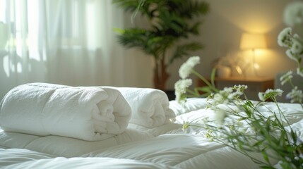 Sunlight filters through sheer curtains, highlighting neatly folded white towels and bedding on a minimalist bed with fresh flowers