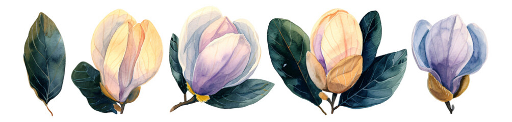 Watercolor style lotus elements Transparent background