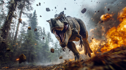 Allosaurus Dinosaur Escaping Meteor Impact - obrazy, fototapety, plakaty