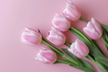 Obraz premium Pink tulips on pink background. Flat lay. Top view with copy space.