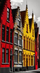 Fototapeta na wymiar vibrant red and yellow buildings lining streets in Bruges Belgium illustration