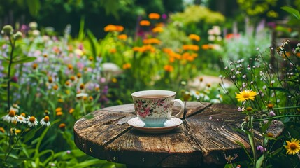 Teacup placed on a rustic wooden table in a garden setting, surrounded by blooming flowers and greenery
