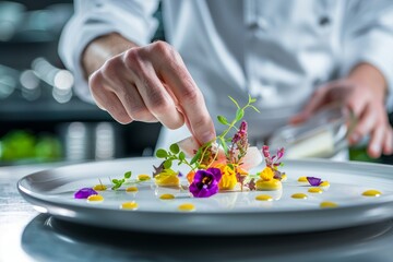 A chef carefully places colorful flowers on a plate, creating an exquisite culinary presentation