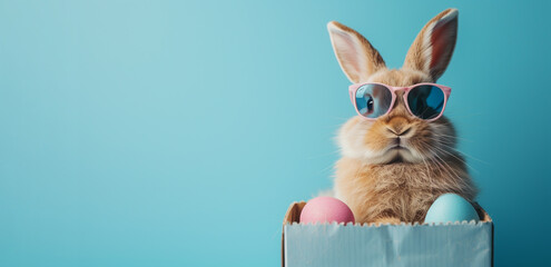 cute funny rabbit in trendy glasses in a paper box with eggs on a soft blue background with a lot of free space, widescreen banner