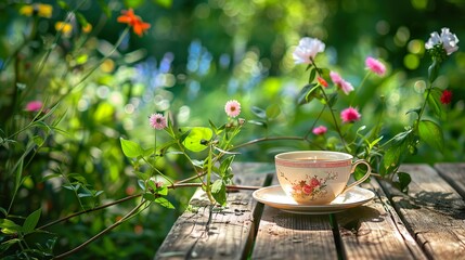 Teacup placed on a rustic wooden table in a garden setting, surrounded by blooming flowers and greenery - obrazy, fototapety, plakaty