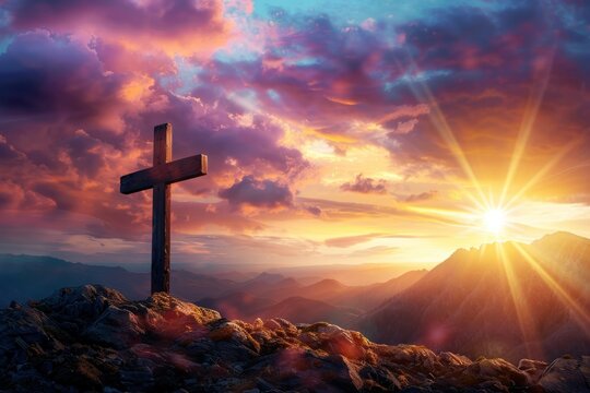 Cross on the top of the mountain against the backdrop of a beautiful sunset