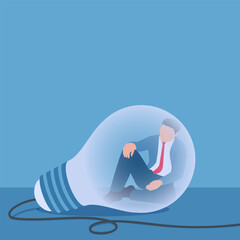 Man sitting confused inside a light bulb, illustration for overthinking.