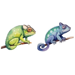 watercolor painting Illustration of a chameleon sitting on a branch, isolated on a white background, Graphic Drawing clipart, Illustration design, Vector format.