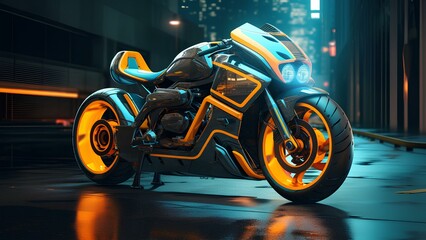 Futuristic model motorcycle on street graphic style