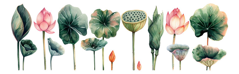 Watercolor style lotus elements Transparent background