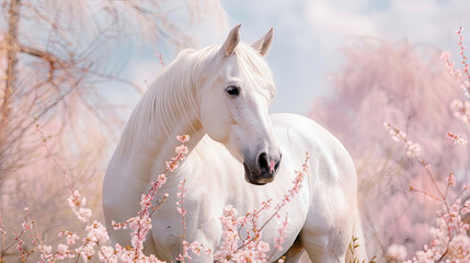 Obraz na płótnie Canvas Portrait of a white horse against the background of blooming sakura