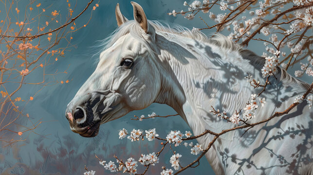 Portrait of a white horse near a flowering tree on a blue background