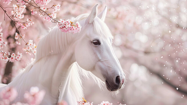 A portrait capturing the elegance of a white horse set against a backdrop of blooming sakura
