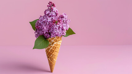 On an isolated purple background, a bouquet of lilacs is creatively showcased in an ice cream cone
