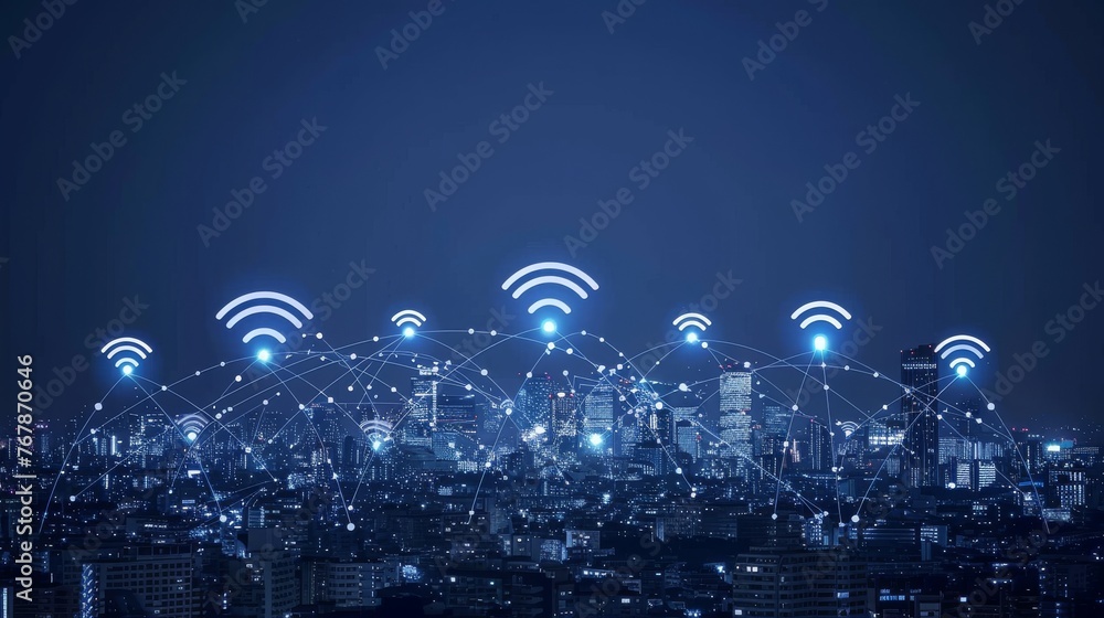 Wall mural Wireless communication over a background of modern cityscape