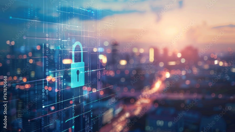 Poster Data Protection Concept with City Background...