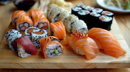 On a wooden board, sushi and rolls are neatly arranged