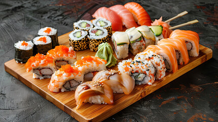 Sushi and rolls are meticulously arranged on a wooden board