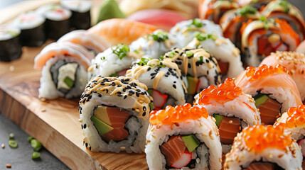 On a wooden board, sushi and rolls are meticulously arranged, presenting an enticing display