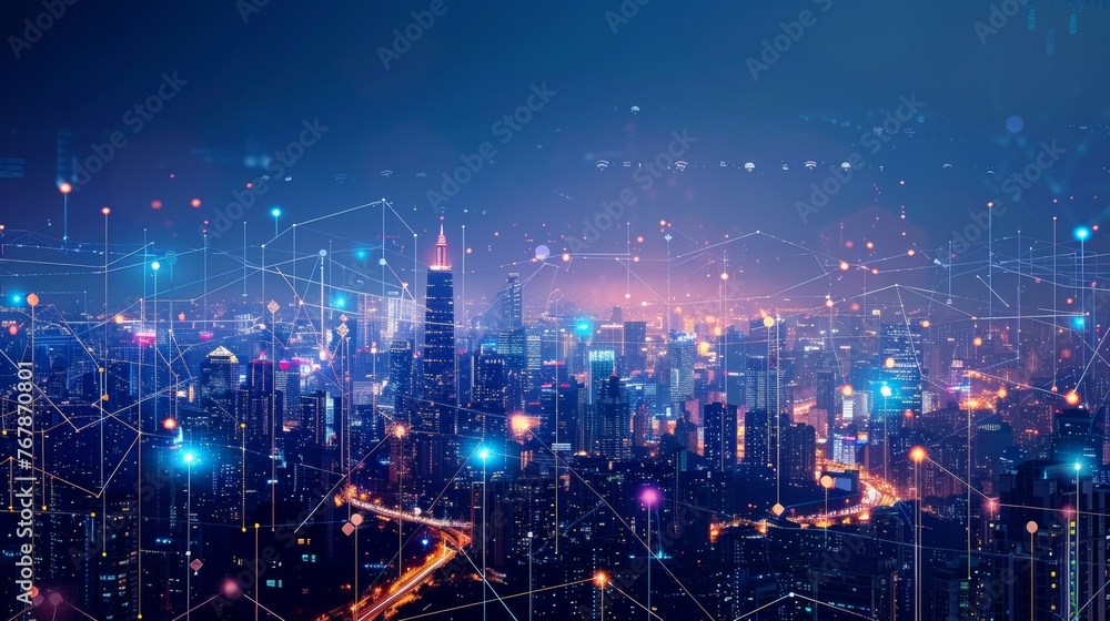 Poster Coastal cityscape background with wireless communication network for a global world telecommunications network...