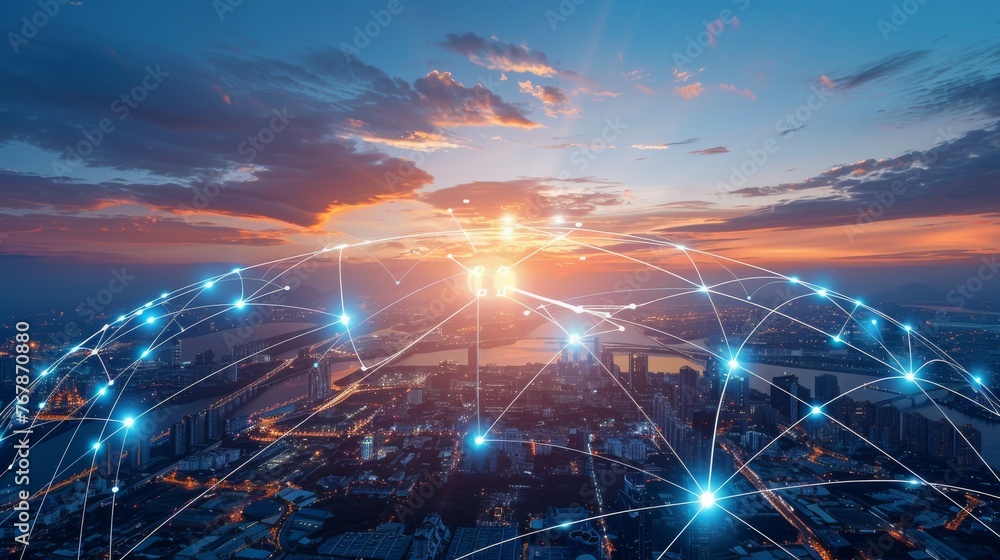 Aufkleber global telecommunication network with wireless communications on a modern cityscape background...
