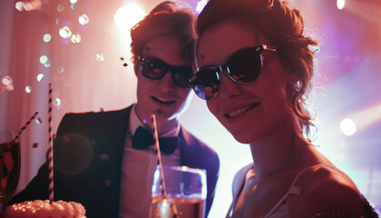 Happy couple at a party of cheerful friends in a nightclub with alcoholic drinks.