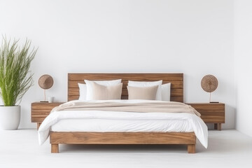 Rustic wooden bed against empty white wall with copy space Scandinavian loft interior design of modern bedroom
