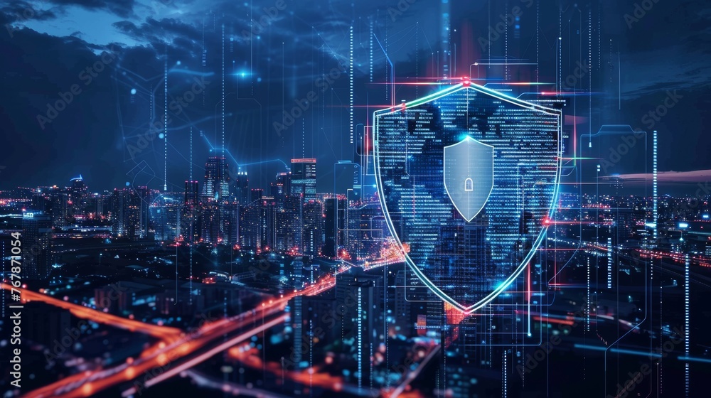 Poster concept for cyber security data protection over a city background.