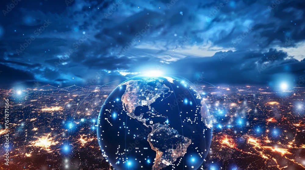 Aufkleber on a modern cityscape background, a global world telecommunication network is seen. wireless communi
