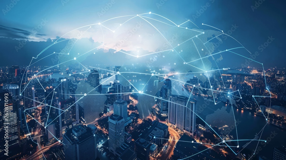 Poster A global global telecommunication network on a modern cityscape background...