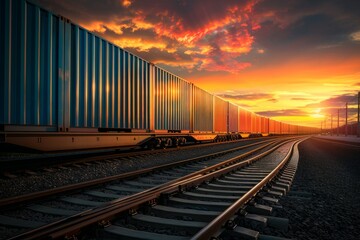 Fototapeta premium A commercial logistics freight train carrying containers travels down train tracks at sunset