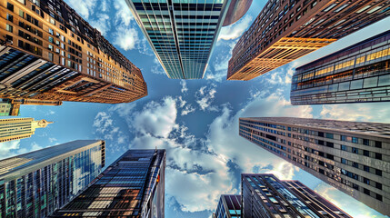 Majestic skyscrapers soar into the sky, framed by drifting clouds