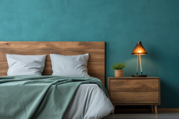 Vintage bedside cabinet near barn wooden planks headboard against teal paneling wall Industrial loft interior design of modern bedroom