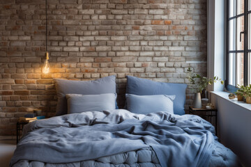 Bed with blue pillows against grid window Loft interior design of modern bedroom with brick wall