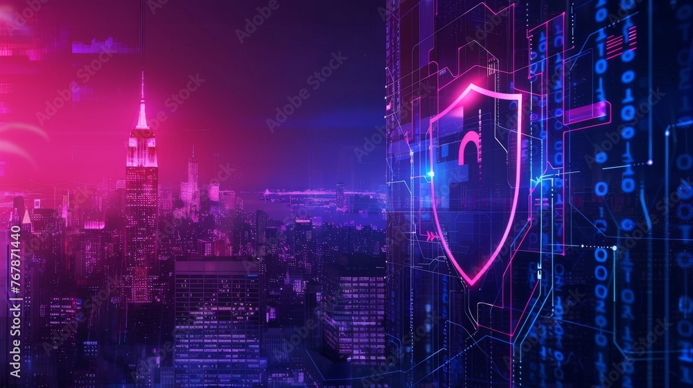 Poster City Background with Cyber Security Data Protection Concept...
