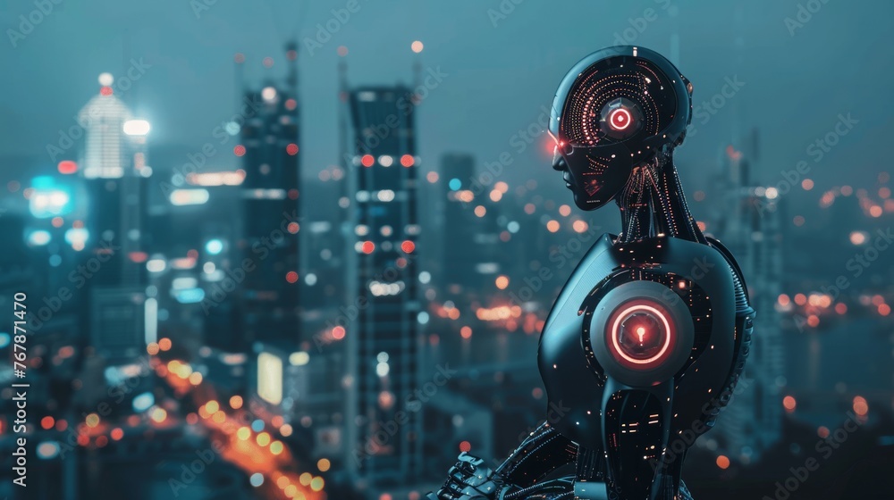Poster Automated process on a city background. Technology Process System in the background...