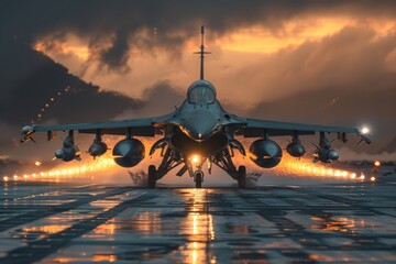 Front view of an F-16 fighter landing and taxiing on an aircraft carrier runway. Stormy evening sky and coastline silhouette in the background.