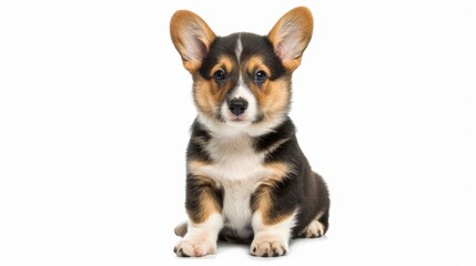 An illustration of a Pembroke Welsh Corgi puppy sitting in a white studio in a forward facing position