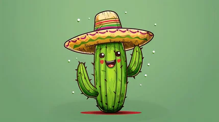 Fotobehang Sweet cartoon cactus donning a sombrero against a solitary green backdrop © Taisiia