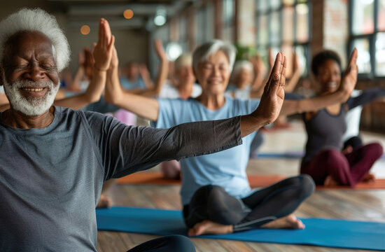 Elderly people doing yoga with multiethnic friends in a fitness center, closeup photo of happy senior men and women stretching their arms while sitting on the sports floor together at a gym class
