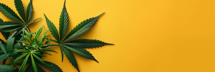 Cannabis leaves arranged on a vibrant yellow background with space for text, minimalistic design
