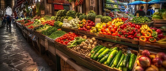 An Italian vegetable stand at a traditional market in Venice.