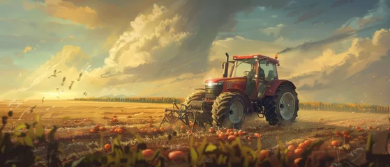 Foto op Plexiglas Prairie farmers planting potato crops with tractors. © Zaleman
