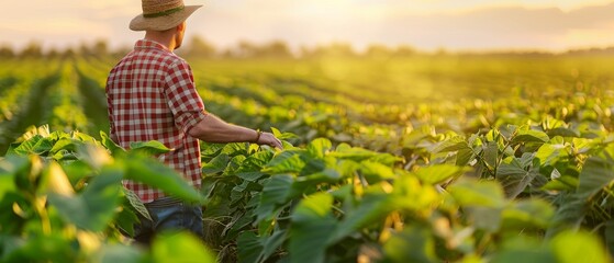 A young farmer stands in the soybean fields