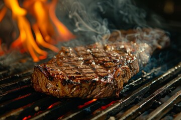 A steak is cooking on a grill with flames in this side view shot, showcasing the sizzling meat and fiery grates