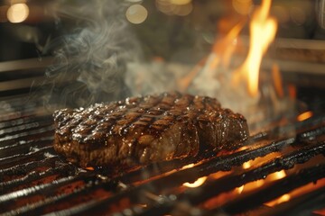 Steak sizzling on grill grates with flames underneath, cooking to perfection