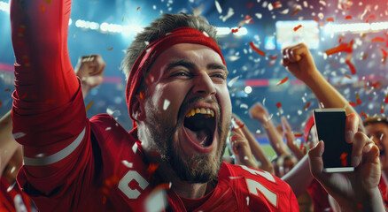 a man in red jersey cheering with his friends at the stadium while holding an iphone, people...
