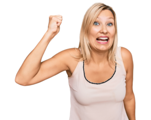 Middle age caucasian woman wearing casual clothes angry and mad raising fist frustrated and furious while shouting with anger. rage and aggressive concept.